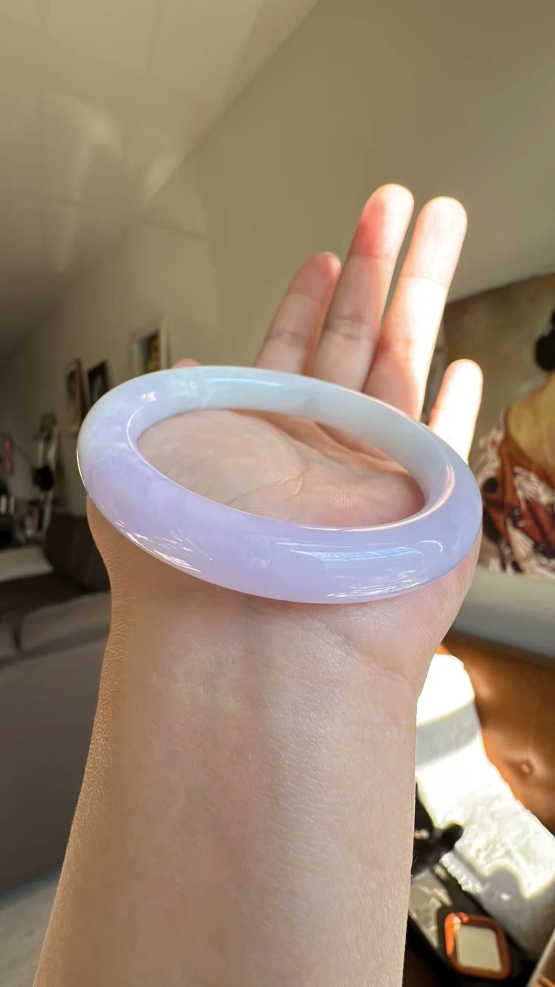 紫罗兰半山水圆条翡翠手镯 - 4